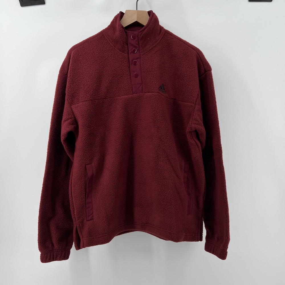 Adidas Men S Polar Fleece Pullover Sweatshirt Shadow Red 1/4 Button Pocket NWT
